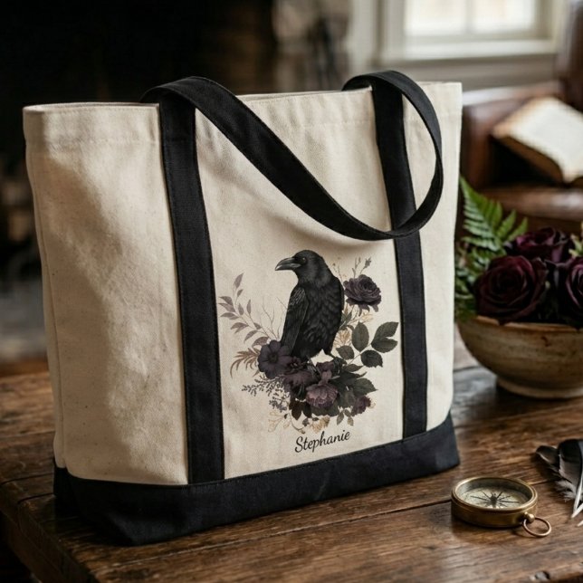 Bolso De Tela Cuervo de Dark Academia y Rosas Negras (A stylish raven and roses tote bag for a student heading to class or a cafe.)