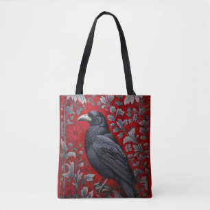 Bolso De Tela Cuervo Negro Floral Rojo Inspirado en William Morr
