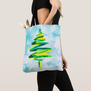 Bolso De Tela Cuidada acuarela azul árboles de Navidad Tote Bag