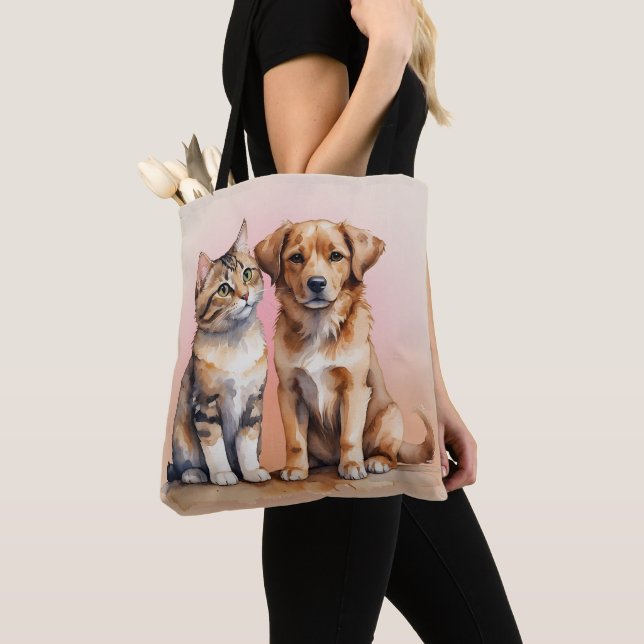 Bolso De Tela Cuidada acuarela de gato y perro (Detalle)