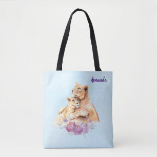 Bolso De Tela Cuidada acuarela madre león y cachorro