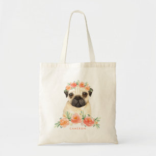 Bolso De Tela Cuidada acuarela Pug Peach floral Crown