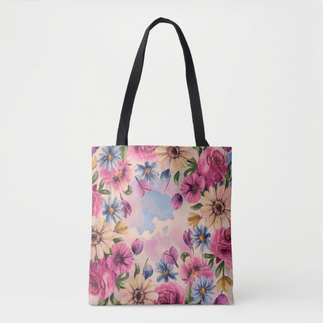 Bolso De Tela Cuidada colorida acuarela pastel floral (Anverso)