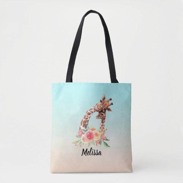 Bolso De Tela Cuidada jirafa acuarela mamá y bebé (Anverso)