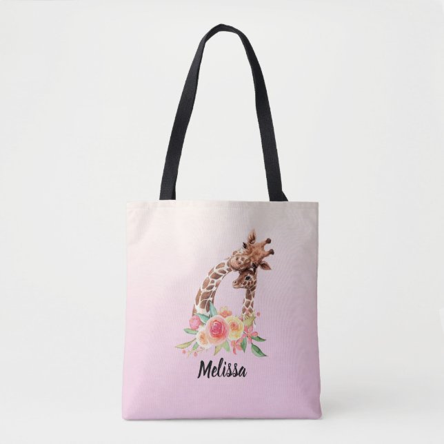 Bolso De Tela Cuidada jirafa acuarela mamá y bebé (Anverso)