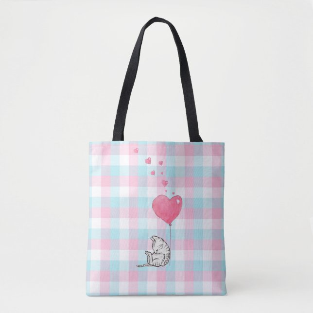 Bolso De Tela Cuidada Sleepy Cat Pink Blue Watercolor (Anverso)