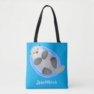 Bolso De Tela Cuidada y feliz nutria azul personalizado ilustrac