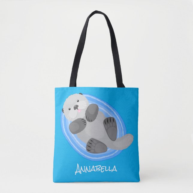 Bolso De Tela Cuidada y feliz nutria azul personalizado ilustrac (Anverso)