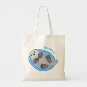 Bolso De Tela Cuidada y feliz nutria azul personalizado ilustrac