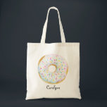 Bolso De Tela Cuidado color de agua blanco donut con Personaliza<br><div class="desc">Cuidada morada blanca con espolvorines Personalizado Tote Bag | Bolsa de tetas de personalizable con agua blanca donut con salpicaduras de colores. Esta tierna bolsa de donut será perfecta como regalo personalizado. Personalice agregando un nombre o una frase corta. Hay otros colores sin color disponibles.</div>