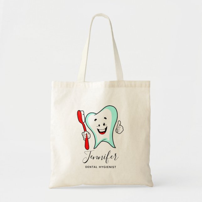 Bolso De Tela Cuidado dental Feliz diente con cepillo de dientes (Frente)
