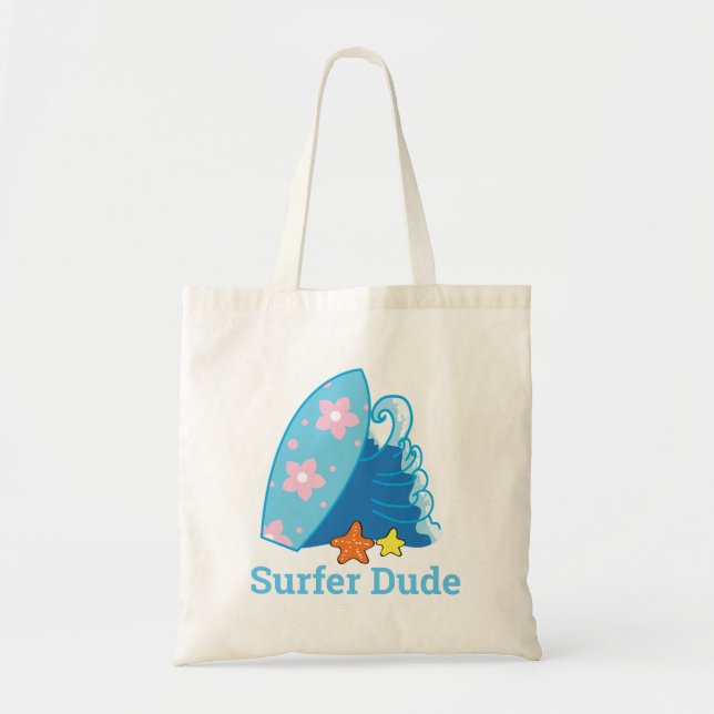 Bolso De Tela Cuidado Surfer Dude Surfboard y Wave (Frente)