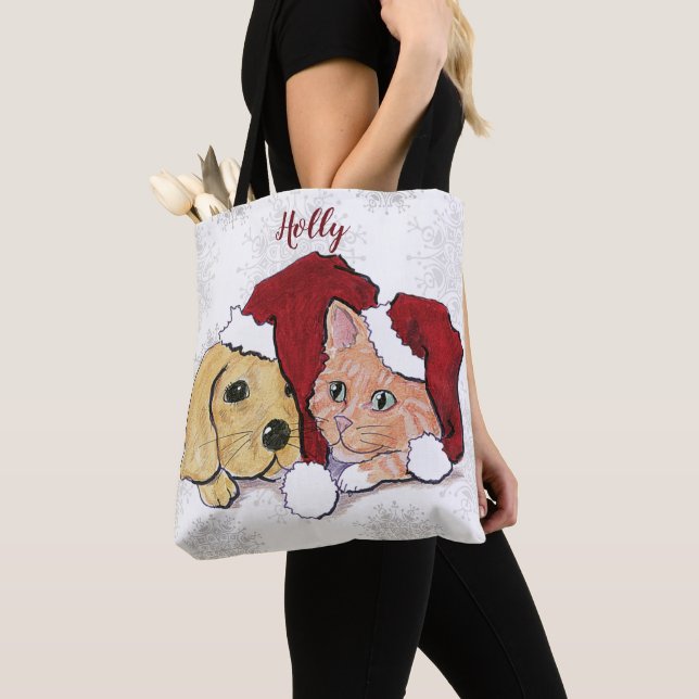 Bolso De Tela Cuidados Navidades Labrador Puppy y Naranja Tabby (Detalle)