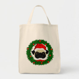 Bolso De Tela Cuidados Navidades pug Santa en guirnalda