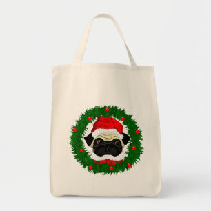 Bolso De Tela Cuidados Navidades pug Santa en guirnalda