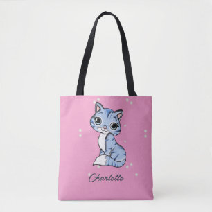 Bolso De Tela Cuidar gato azul en nombre personalizado rosa