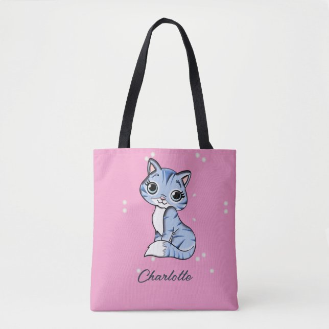 Bolso De Tela Cuidar gato azul en nombre personalizado rosa (Anverso)