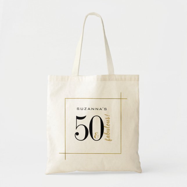 Bolso De Tela Cumpleaños 50 y Fabuloso Negro y Oro (Frente)