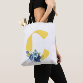 Bolso De Tela Cumpleaños con inicial amarilla y monograma floral