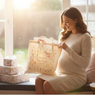 Bolso De Tela Cumpleaños de Bebé Cuna de Rosa y Cigüeña Hecha a 