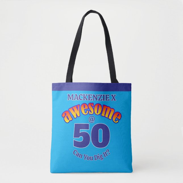 Bolso De Tela Cumpleaños INCREÍBLE 50 con texto azul (Anverso)