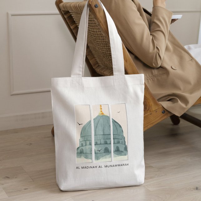 Bolso De Tela Cúpula Verde de Masjid an-Nabi Tríptico de Acuarel (Masjid an-Nabi Green Dome watercolor tote – luxury Islamic gift & faith statement.)