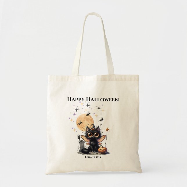 Bolso De Tela Curioso Ghost Kitten Halloween Trick o Trete (Frente)
