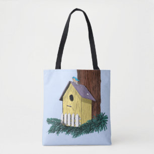 Bolso De Tela Curioso pájaro azul en Birdhouse