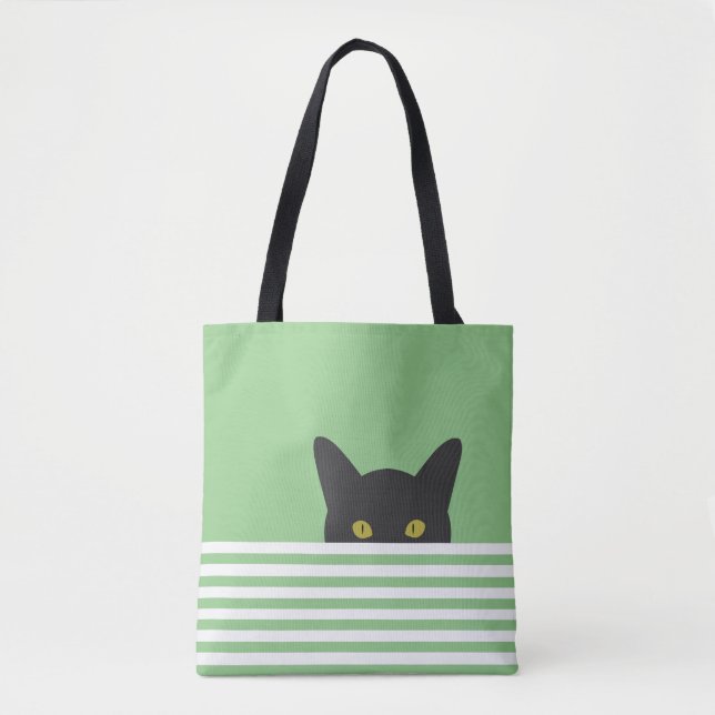 Bolso De Tela Curioso Peeking Black Cat Green Stripe (Anverso)