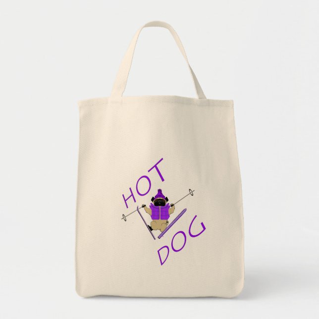 Bolso De Tela Curioso perro caliente esquiar Pug Purple Jacket y (Frente)