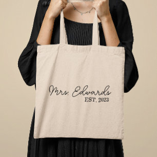 Bolso De Tela Cursiva mínima Sra. Personalizado Apellido Boda Re