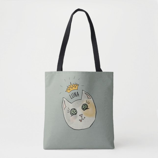 Bolso De Tela Custom Cat Name Art - Chubby White Cat with Crown (Anverso)