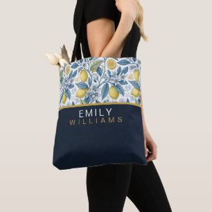 Bolso De Tela Custom Elegant Mediterranean Lemon Botanical Navy