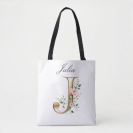 Bolso De Tela Custom Gold Floral Letter J All-Over Print Tote
