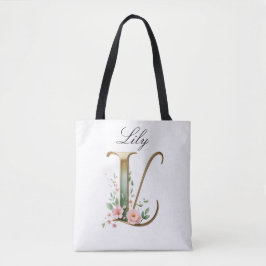 Bolso De Tela Custom Gold Floral Letter L All-Over Print Tote