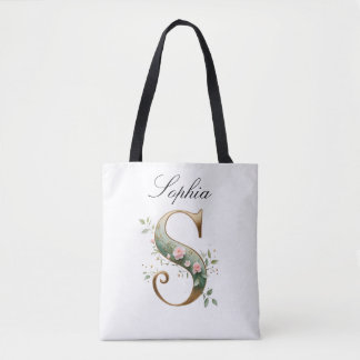 Bolso De Tela Custom Gold Floral Letter S All-Over Print Tote