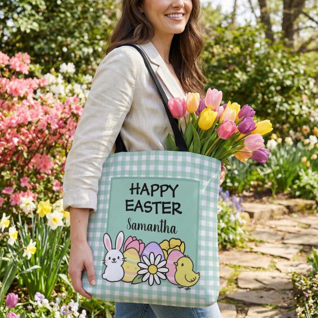 Bolso De Tela Custom Happy Easter Bunny Chick Green Gingham (Subido por el creador)