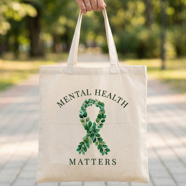 Bolso De Tela Custom Mental Health Matters Quote Green Ribbon  (Mental Health Matters Awareness  Walk Green Boranical Ribbon )