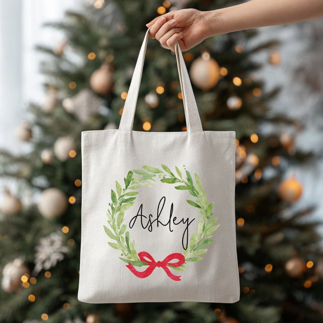 Bolso De Tela Custom Name Christmas Wreath Tote Bag for Women (personalized christmas tote, custom holiday tote, christmas wreath bag, holiday gift for her,)