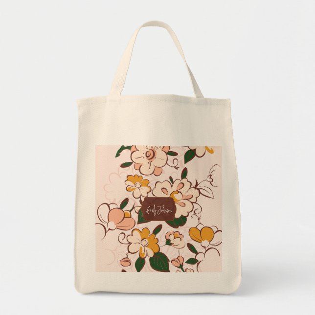 Bolso De Tela Custom Name Cream Floral Retro Bloom Botanical (Frente)