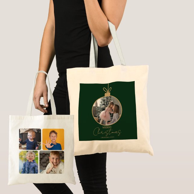 Bolso De Tela custom photo collage Merry Christmas bauble (Subido por el creador)