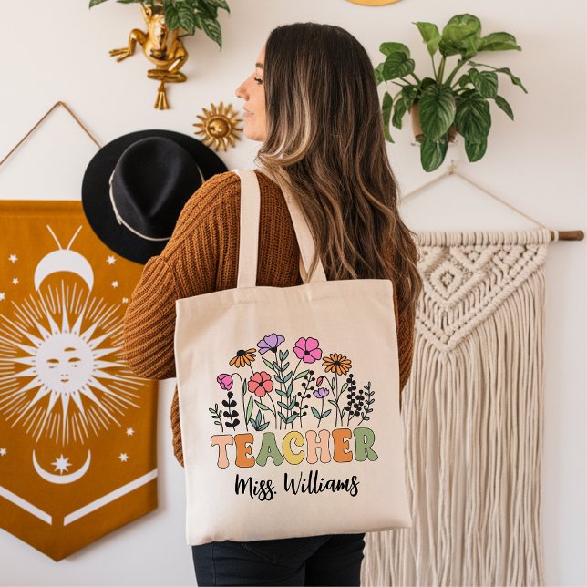 Bolso De Tela Custom Wildflower Teacher Bag, Back to School Gift (retro teacher tote bag, teacher appreciation gift, back to school gift for teacher,)