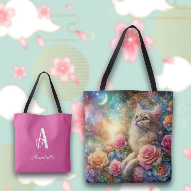 Bolso De Tela Cuta acuarela Gato Fantasía Floral Personalizada (Subido por el creador)