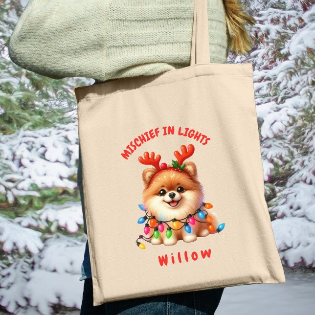 Bolso De Tela Cuta acuarela Pomerania Luces festivas Perro (Carry festive cheer with this custom fun Pomeranian dog tote bag. A perfect gift for dog lovers.)