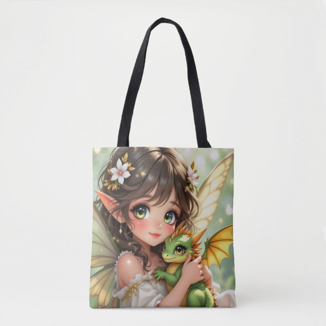 Bolso De Tela Cute Anime Fairy and Chibi Dragon  (Anverso)