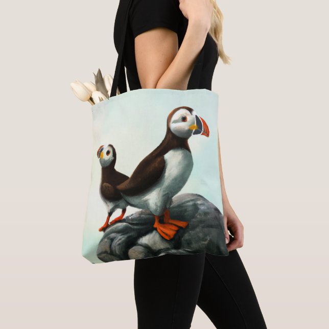 Bolso De Tela Cute Atlantic Puffins Marítimas sobre las Rocas (Detalle)