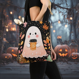 Bolso De Tela Cute Autumn Ghost with Pumpkin Coffee – Cozy Fall