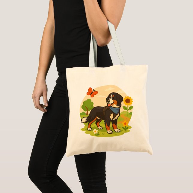 Bolso De Tela Cute Bernese Mountain Dog with Sunflower & Butterf (Anverso (producto))