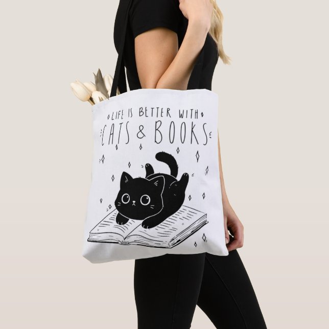 Bolso De Tela Cute Black Cat Book Lover Tote Bag (Detalle)