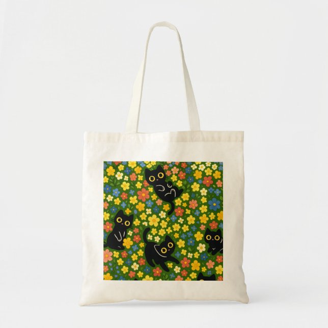 Bolso De Tela Cute Black Cats Floral Meadow Pattern (Frente)